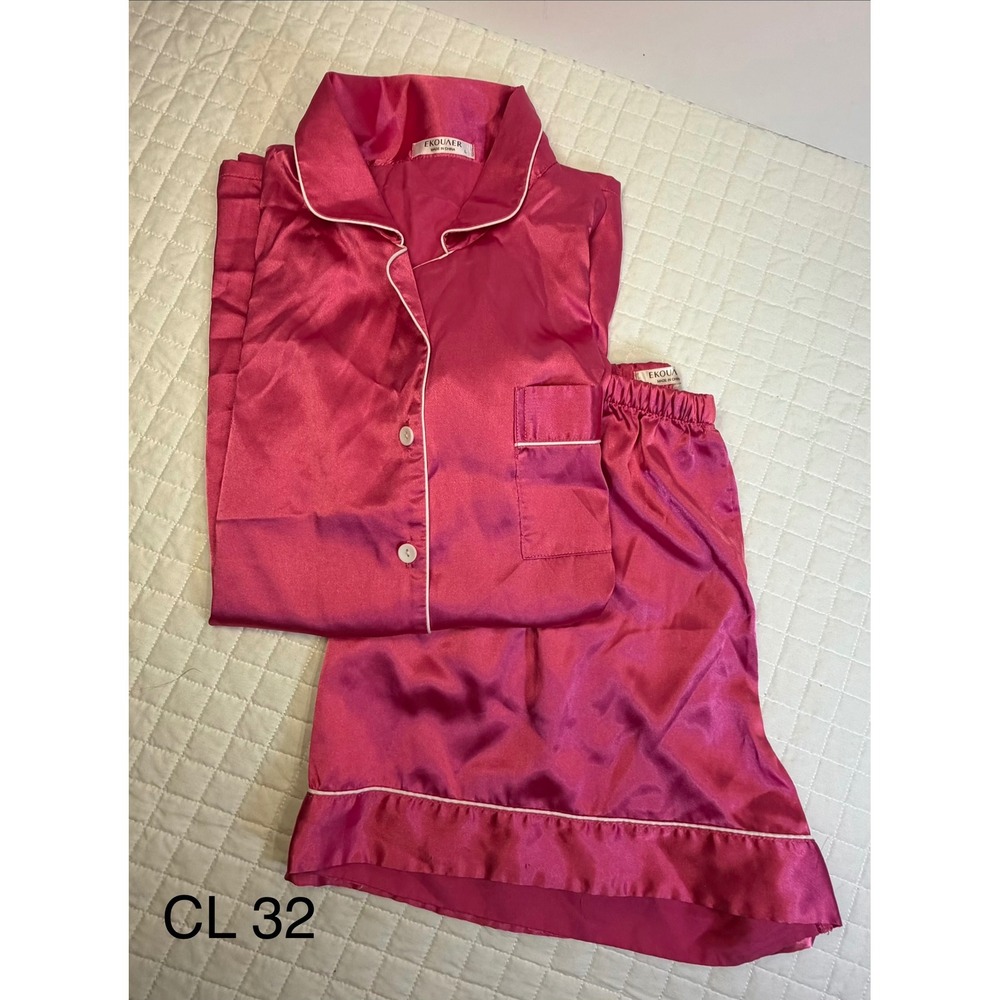 Ekouaer Womens Satin Pajama Set Hot Pink Short Sleeve Button Down Shorts Large
